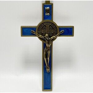 St. Benedict Crucifix Wall Cross Blue Enamel Antiqued Gold Tone Christian 5"